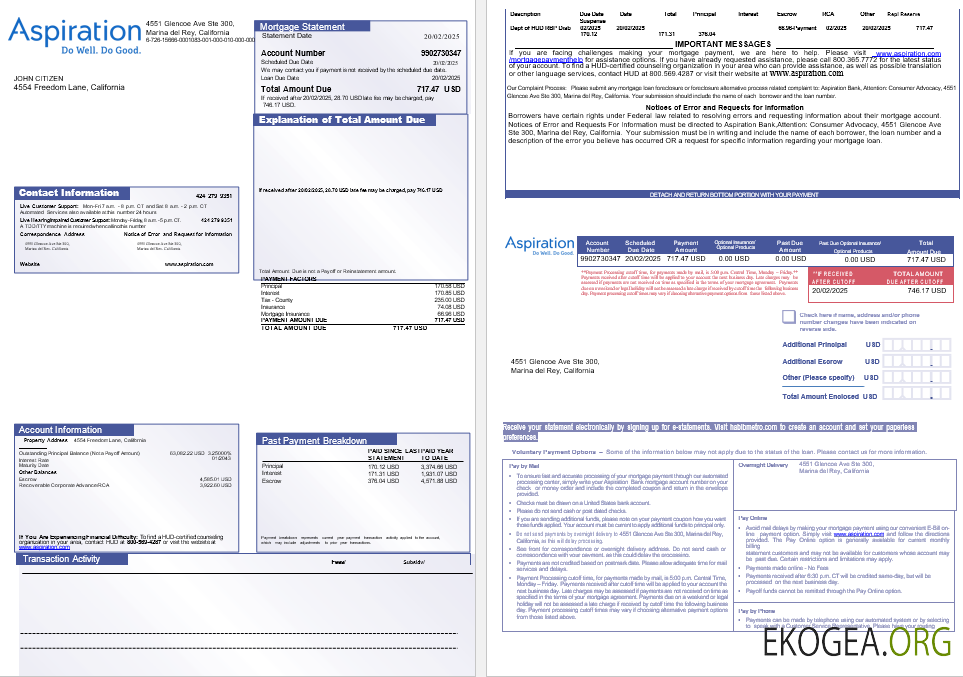 Relevé hypothécaire de la banque USA Aspiration aux formats Word et PDF, 3 pages 1 , 2